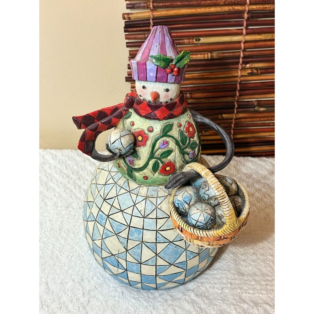Vintage Jim Shore Heartwood Creek "Ready to Roll" Snowman Basket of Snowballs